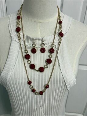 Gold-Tone Layered Necklace and Earring Set with Red Discs